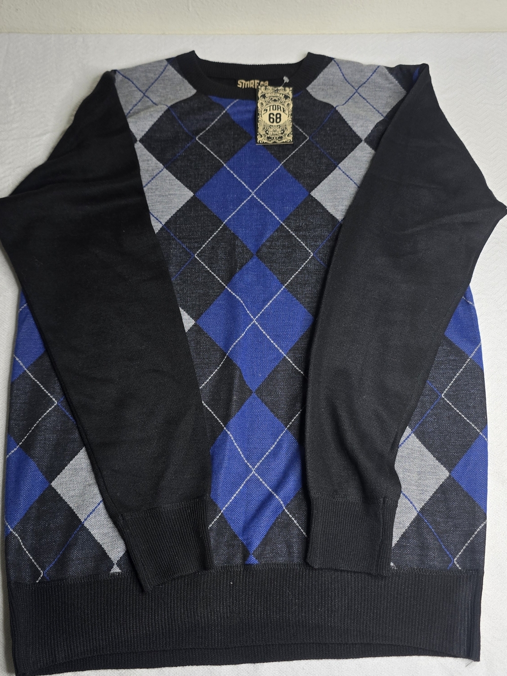 NWT Store68 Men's Argyle Crewneck Sweater Black Blue Gray Size XL